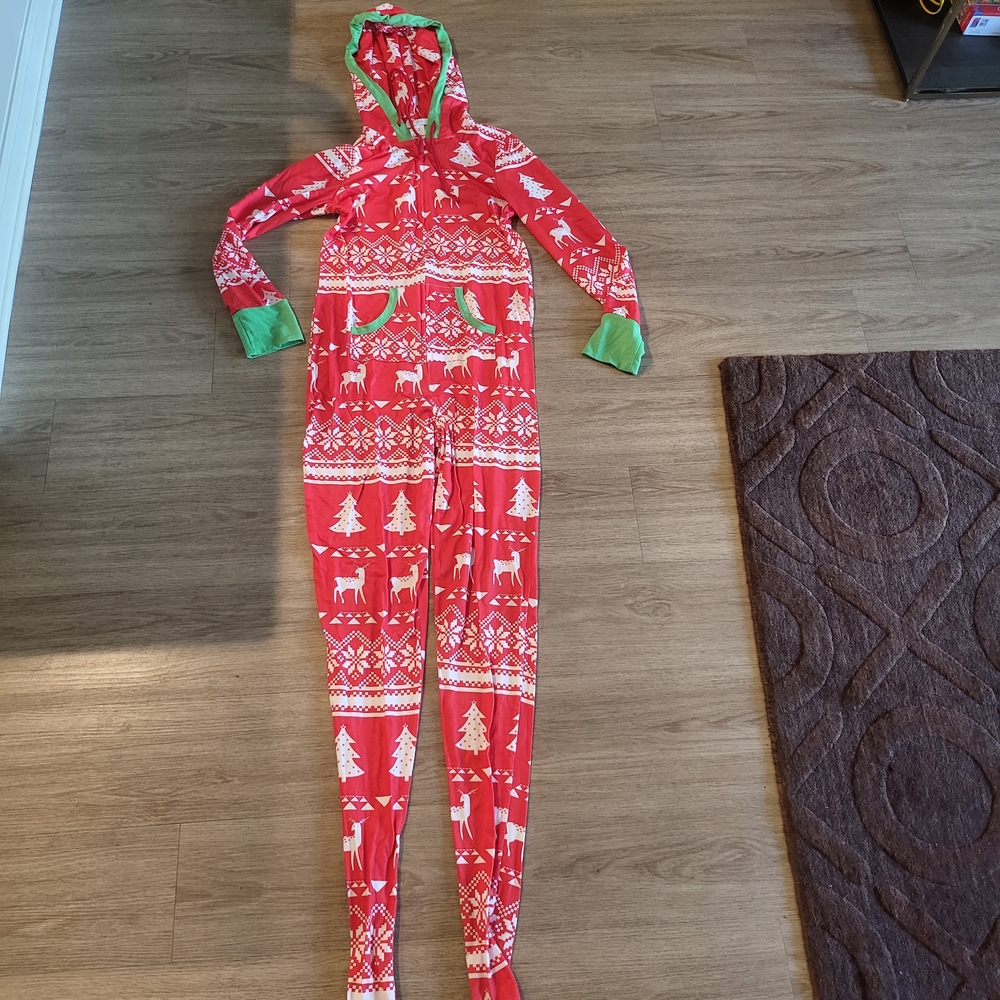 Unisex Christmas Red and Green Pajama Onesie Worn Once